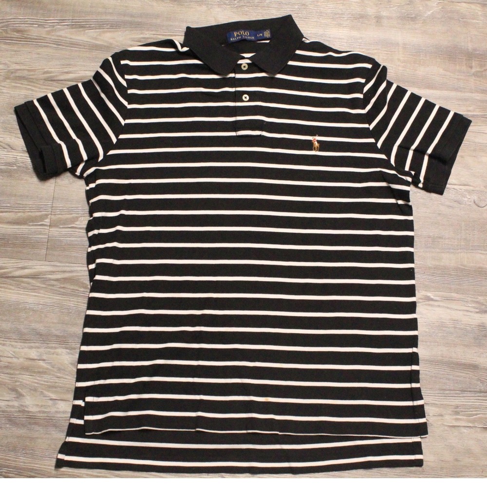 Polo Ralph Lauren Mens Large Black White Striped Short Sleeve Polo Shirt Cotton
